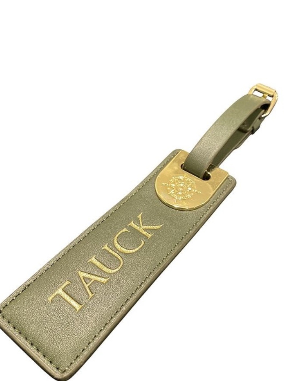 Tauck Olive Green Leather Luggage Tag with Gold Hardware
